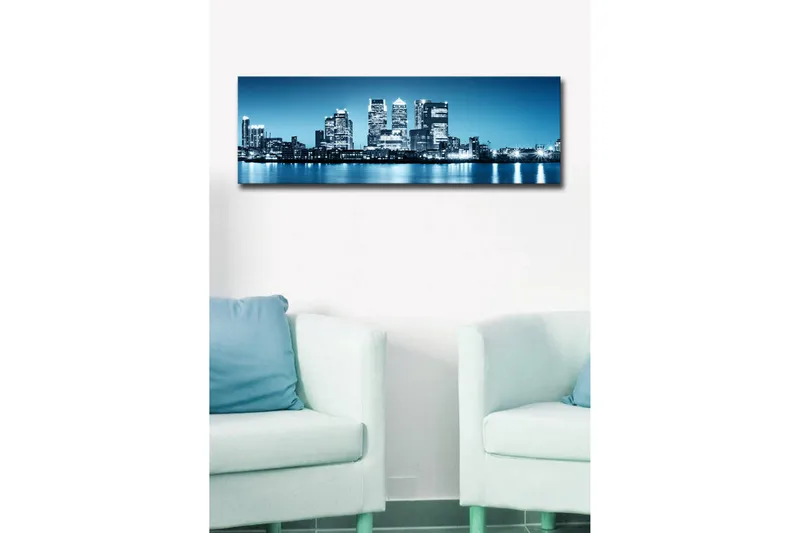 Lerretsbilde med LED-belysning 30x90 cm - Bysilhuett med moderne skyskrapere ved vannkanten - Blå / Svart / Hvit - Innredning - Bilder & kunst - Lerretsbilder