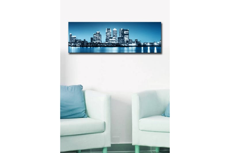 Lerretsbilde med LED-belysning 30x90 cm - Bysilhuett med moderne skyskrapere ved vannkanten - Blå / Svart / Hvit - Innredning - Bilder & kunst - Lerretsbilder
