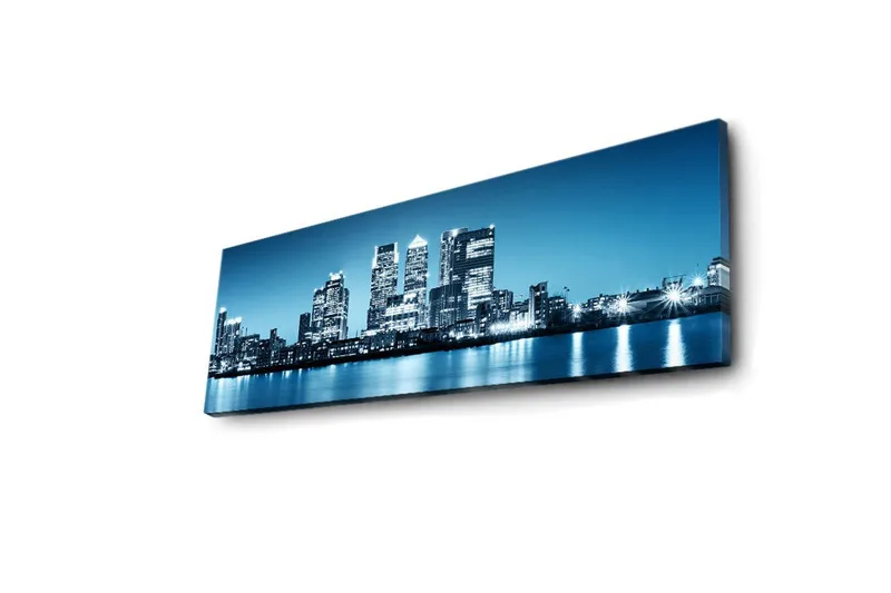 Lerretsbilde med LED-belysning 30x90 cm - Bysilhuett med moderne skyskrapere ved vannkanten - Blå / Svart / Hvit - Innredning - Bilder & kunst - Lerretsbilder