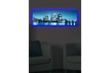 Lerretsbilde med LED-belysning 30x90 cm - Bysilhuett med moderne skyskrapere ved vannkanten - Blå / Svart / Hvit - Innredning - Bilder & kunst - Lerretsbilder