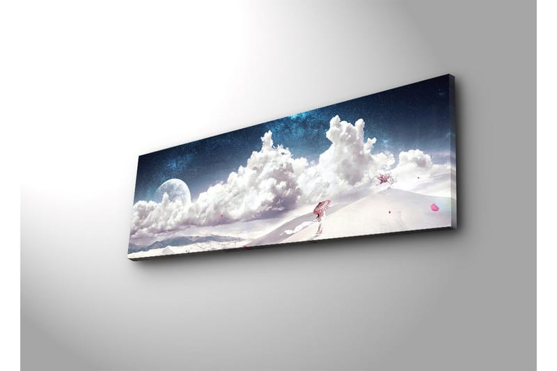Lerretsbilde med LED-belysning 30x90 cm - Drømmeaktig landskap med en enslig figur som bærer en paraply i et snødekt miljø under en stjerneklar himmel - Blå / Hvit / Rosa - Innredning - Bilder & kunst - Lerretsbilder