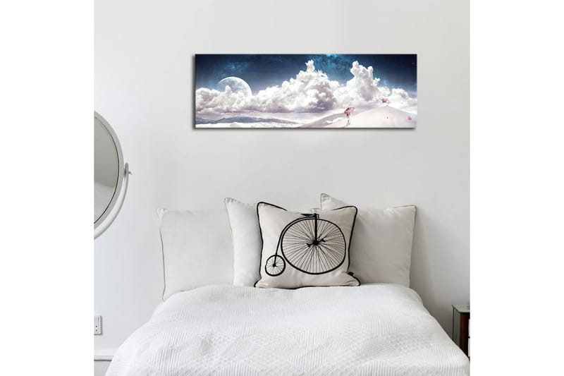 Lerretsbilde med LED-belysning 30x90 cm - Drømmeaktig landskap med en enslig figur som bærer en paraply i et snødekt miljø under en stjerneklar himmel - Bl å / Hvit / Rosa - Innredning - Bilder & kunst - Lerretsbilder