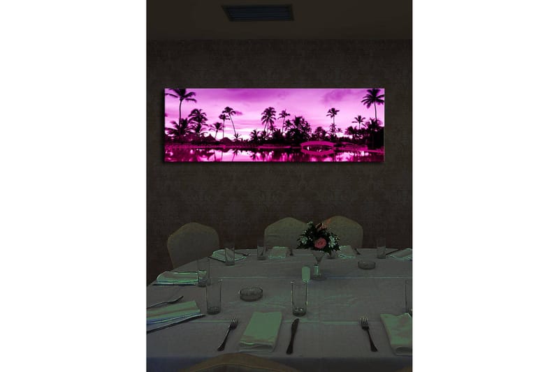Lerretsbilde med LED-belysning 30x90 cm - Drømmende strandscene med palmer i skumringslyset - Lilla / Svart - Innredning - Bilder & kunst - Lerretsbilder