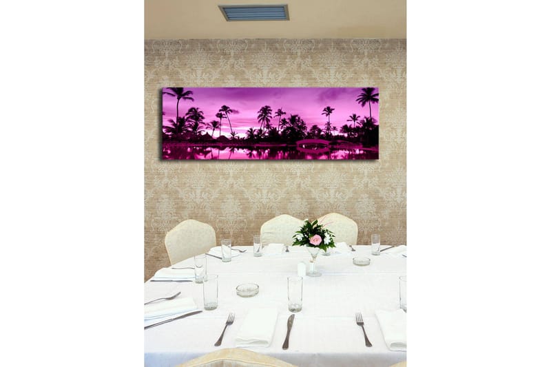 Lerretsbilde med LED-belysning 30x90 cm - Drømmende strandscene med palmer i skumringslyset - Lilla / Svart - Innredning - Bilder & kunst - Lerretsbilder