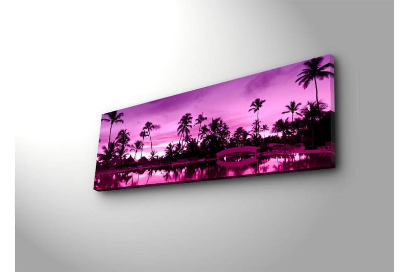 Lerretsbilde med LED-belysning 30x90 cm - Drømmende strandscene med palmer i skumringslyset - Lilla / Svart - Innredning - Bilder & kunst - Lerretsbilder