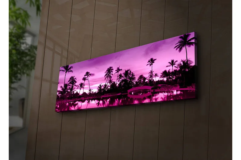 Lerretsbilde med LED-belysning 30x90 cm - Drømmende strandscene med palmer i skumringslyset, Lilla / Svart