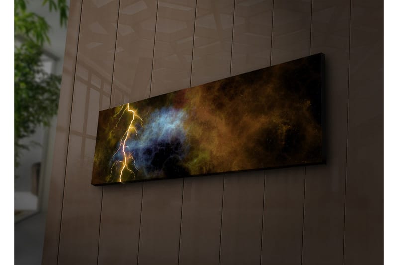 Lerretsbilde med LED-belysning 30x90 cm - Dramatisk kosmisk landskap med lyn og fargeeksplosjoner - Gull / Blå / Svart - Innredning - Bilder & kunst - Lerretsbilder