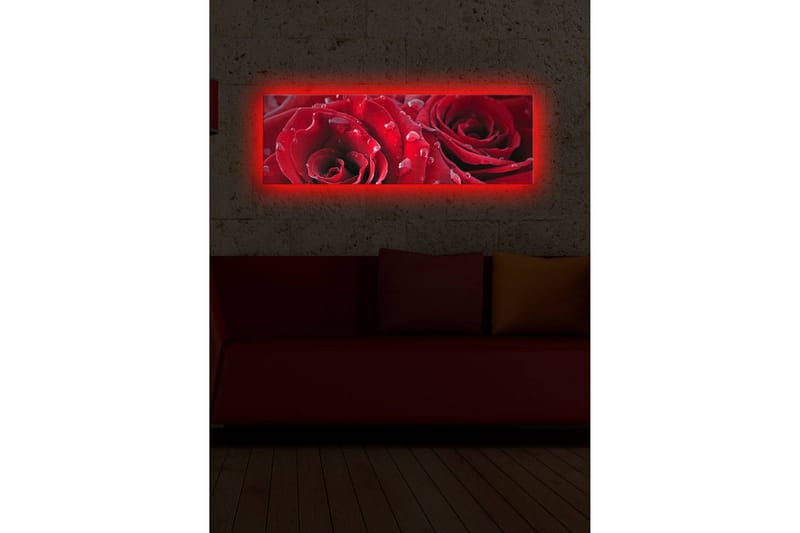 Lerretsbilde med LED-belysning 30x90 cm - Dyprøde roser med vanndråper - Rød / Grønn - Innredning - Bilder & kunst - Lerretsbilder