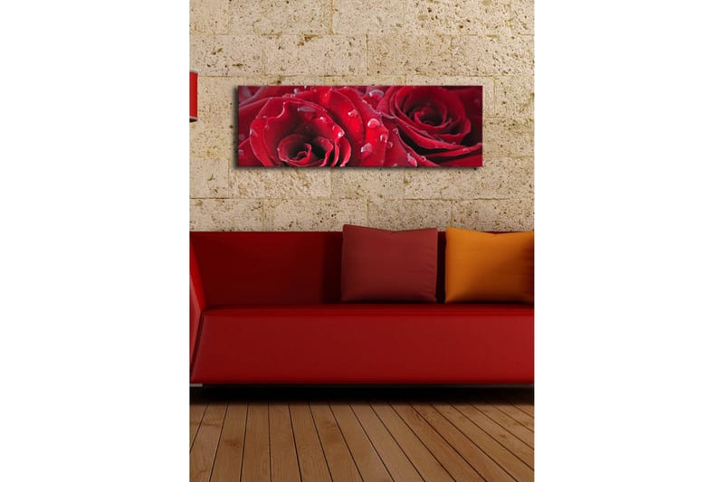 Lerretsbilde med LED-belysning 30x90 cm - Dyprøde roser med vanndråper - Rød / Grønn - Innredning - Bilder & kunst - Lerretsbilder
