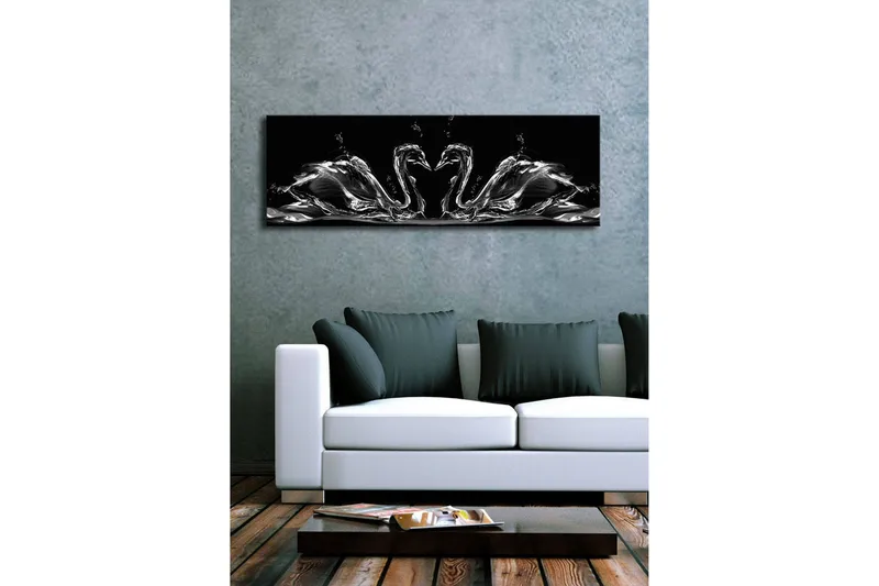 Lerretsbilde med LED-belysning 30x90 cm - Elegante svaner i vannbevegelse - Svart / Hvit / Grå - Innredning - Bilder & kunst - Lerretsbilder