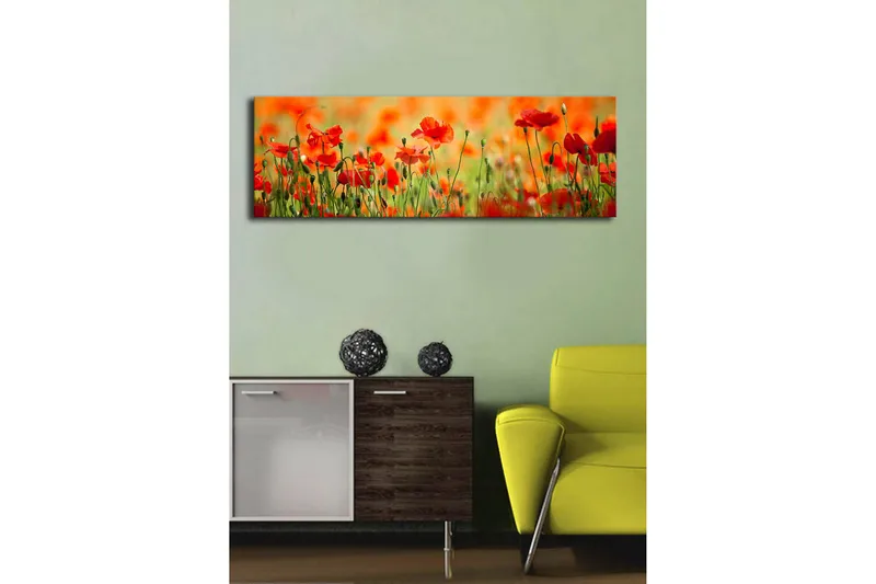 Lerretsbilde med LED-belysning 30x90 cm - Eng med røde valmueblomster i et frodig grønt miljø - Rød / Grønn / Oransje - Innredning - Bilder & kunst - Lerretsbilder