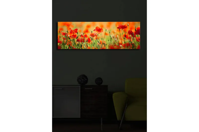 Lerretsbilde med LED-belysning 30x90 cm - Eng med røde valmueblomster i et frodig grønt miljø - Rød / Grønn / Oransje - Innredning - Bilder & kunst - Lerretsbilder