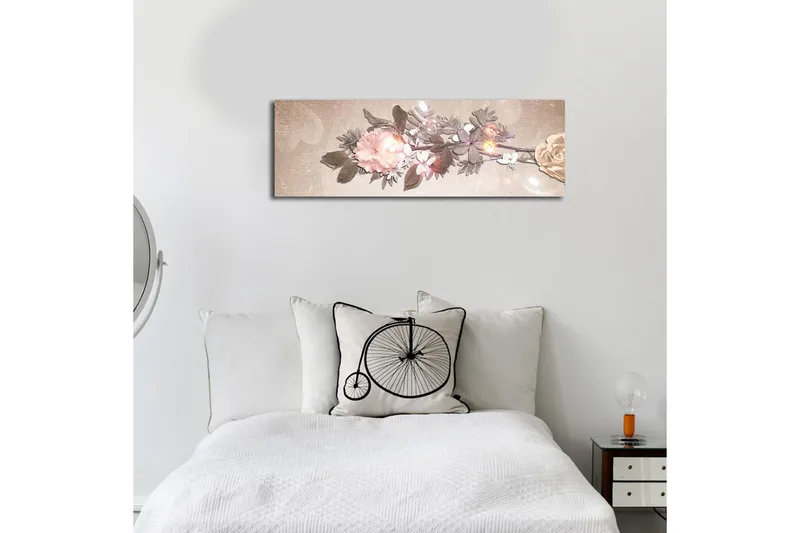 Lerretsbilde med LED-belysning 30x90 cm - Fargerik blomsteroppsats med roser og blader - Lys rosa / Grønn / Beige - Innredning - Bilder & kunst - Lerretsbilder
