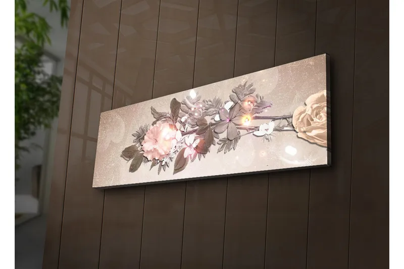 Lerretsbilde med LED-belysning 30x90 cm - Fargerik blomsteroppsats med roser og blader, Lys rosa / Grønn / Beige