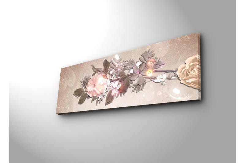 Lerretsbilde med LED-belysning 30x90 cm - Fargerik blomsteroppsats med roser og blader - Lys rosa / Grønn / Beige - Innredning - Bilder & kunst - Lerretsbilder