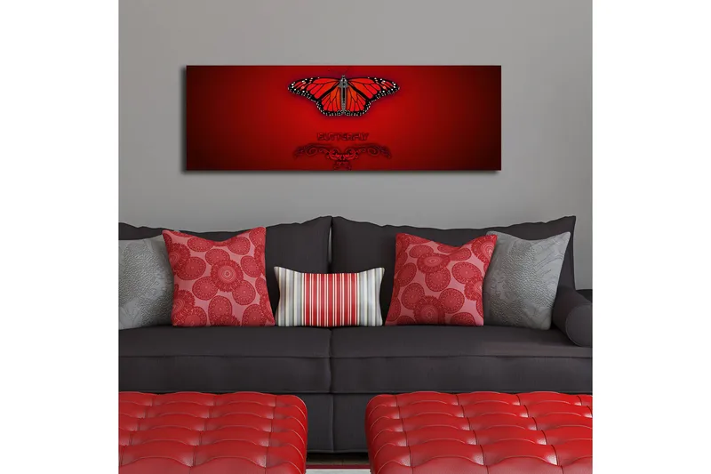 Lerretsbilde med LED-belysning 30x90 cm - Fargerik sommerfugl med detaljerte vinger - Rød / Svart / Oransje - Innredning - Bilder & kunst - Lerretsbilder