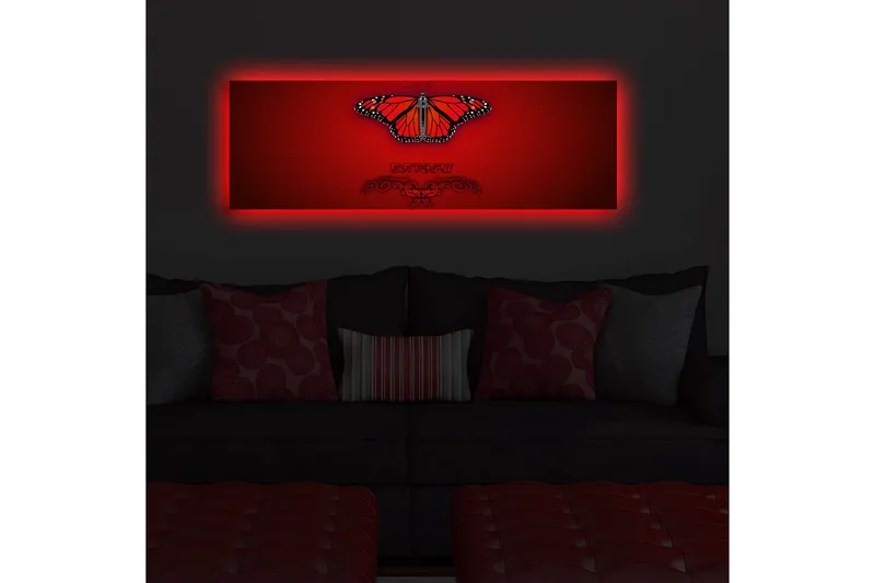Lerretsbilde med LED-belysning 30x90 cm - Fargerik sommerfugl med detaljerte vinger - Rød / Svart / Oransje - Innredning - Bilder & kunst - Lerretsbilder
