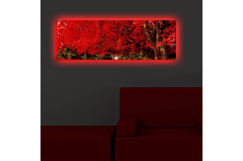 Lerretsbilde med LED-belysning 30x90 cm - Frodig rød løvskog med en stor trestamme - Rød / Grønn / Brun - Innredning - Bilder & kunst - Lerretsbilder