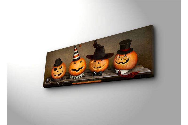 Lerretsbilde med LED-belysning 30x90 cm - Glade gresskar kledd til Halloween - Oransje / Svart / Hvit - Innredning - Bilder & kunst - Lerretsbilder