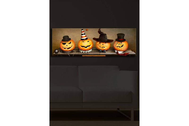 Lerretsbilde med LED-belysning 30x90 cm - Glade gresskar kledd til Halloween - Oransje / Svart / Hvit - Innredning - Bilder & kunst - Lerretsbilder