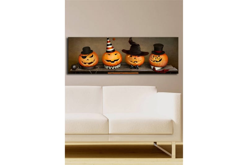 Lerretsbilde med LED-belysning 30x90 cm - Glade gresskar kledd til Halloween - Oransje / Svart / Hvit - Innredning - Bilder & kunst - Lerretsbilder