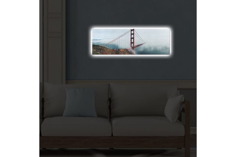 Lerretsbilde med LED-belysning 30x90 cm - Golden Gate Bridge omgitt av tåke og hav - Rød / Grå / Blå - Innredning - Bilder & kunst - Lerretsbilder