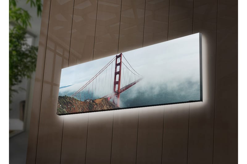 Lerretsbilde med LED-belysning 30x90 cm - Golden Gate Bridge omgitt av tåke og hav - Rød / Grå / Blå - Innredning - Bilder & kunst - Lerretsbilder