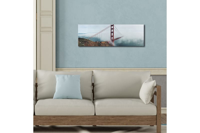 Lerretsbilde med LED-belysning 30x90 cm - Golden Gate Bridge omgitt av tåke og hav - Rød / Grå / Blå - Innredning - Bilder & kunst - Lerretsbilder