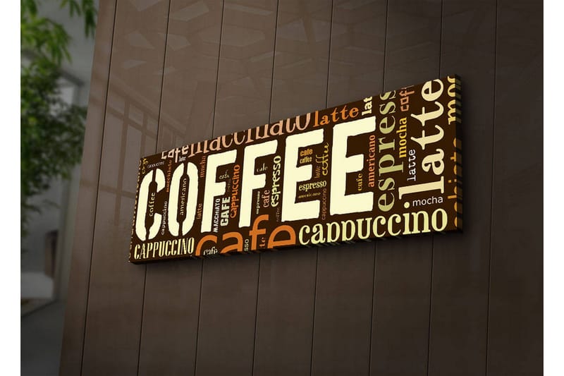 Lerretsbilde med LED-belysning 30x90 cm - Kaffeinspirert kunstverk med ulike kaffeuttrykk i typografi - Mørk brun / Lys brun / Beige - Innredning - Bilder & kunst - Lerretsbilder