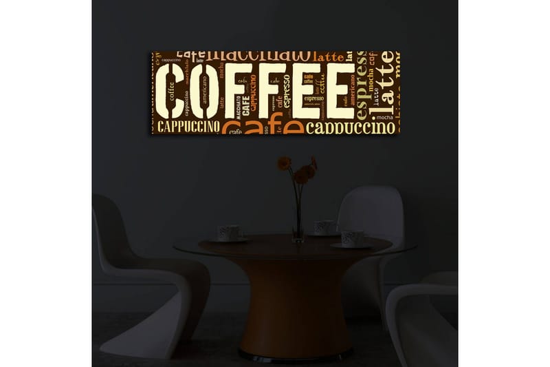 Lerretsbilde med LED-belysning 30x90 cm - Kaffeinspirert kunstverk med ulike kaffeuttrykk i typografi - Mørk brun / Lys brun / Beige - Innredning - Bilder & kunst - Lerretsbilder