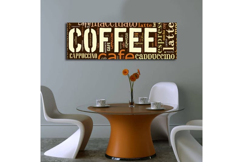 Lerretsbilde med LED-belysning 30x90 cm - Kaffeinspirert kunstverk med ulike kaffeuttrykk i typografi - Mørk brun / Lys brun / Beige - Innredning - Bilder & kunst - Lerretsbilder