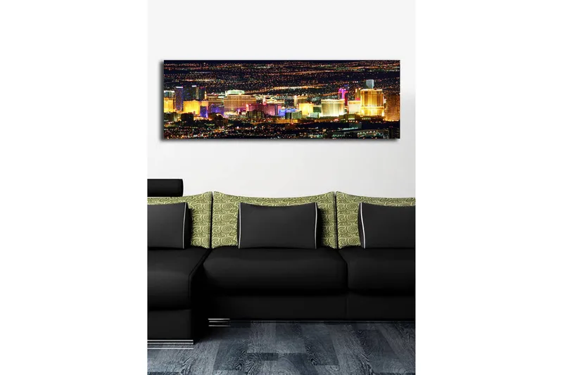 Lerretsbilde med LED-belysning 30x90 cm - Lys utsikt over Las Vegas skyline om natten - Gull / Lilla / Blå - Innredning - Bilder & kunst - Lerretsbilder