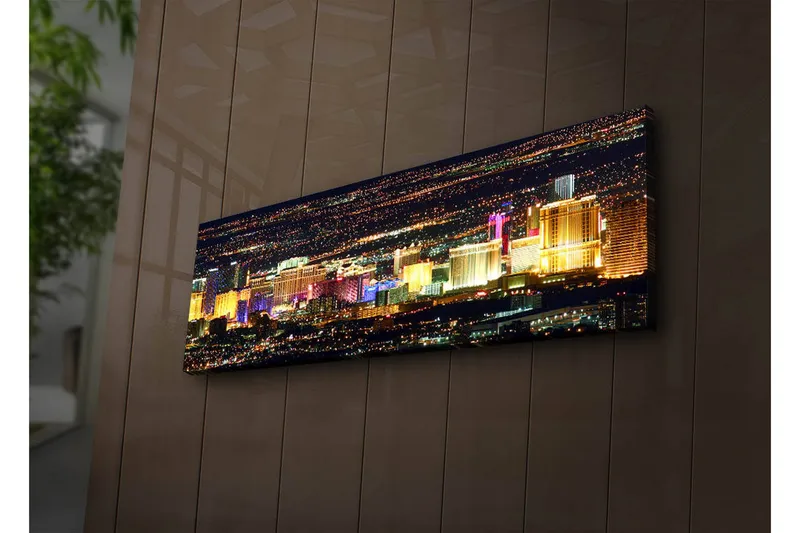 Lerretsbilde med LED-belysning 30x90 cm - Lys utsikt over Las Vegas skyline om natten, Gull / Lilla / Blå