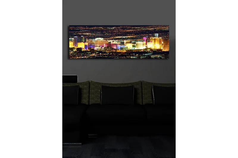 Lerretsbilde med LED-belysning 30x90 cm - Lys utsikt over Las Vegas skyline om natten - Gull / Lilla / Blå - Innredning - Bilder & kunst - Lerretsbilder