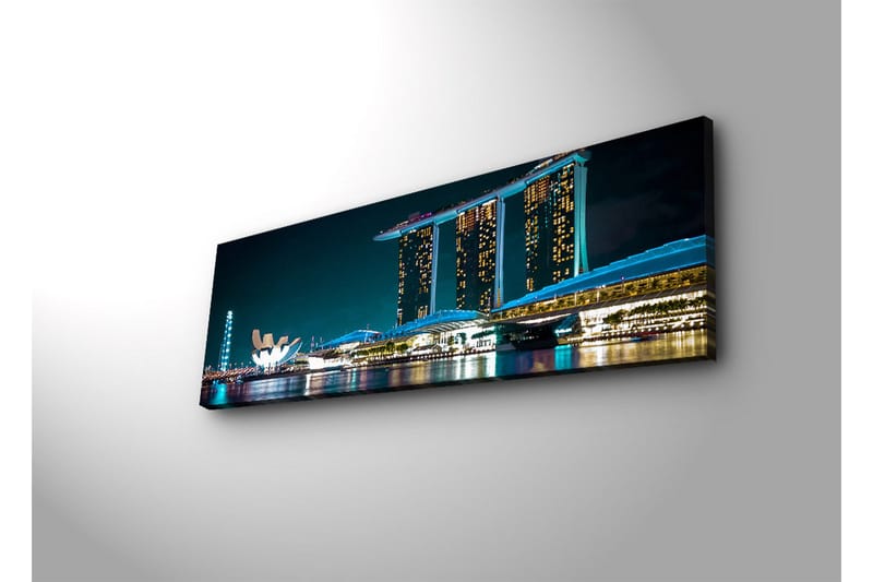Lerretsbilde med LED-belysning 30x90 cm - Moderne bybilde med futuristiske bygninger ved vannoverflaten - Mørk blå / Lys blå / Hvit - Innredning - Bilder & kunst - Lerretsbilder