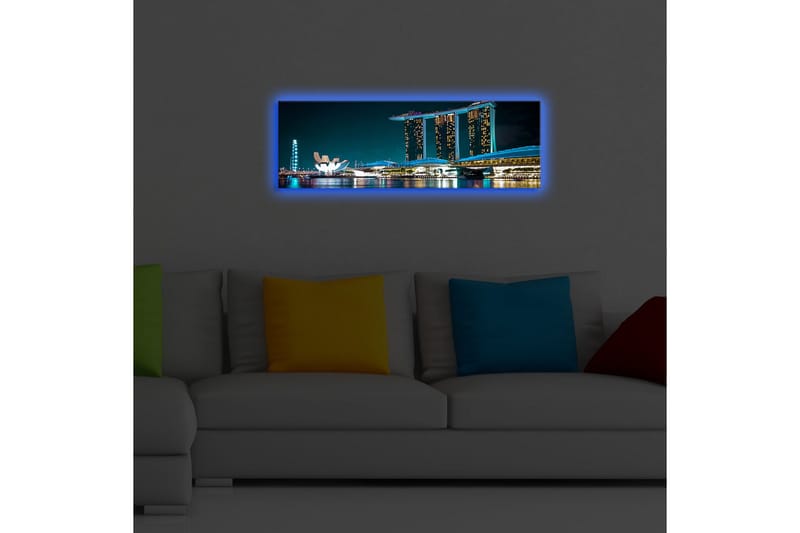 Lerretsbilde med LED-belysning 30x90 cm - Moderne bybilde med futuristiske bygninger ved vannoverflaten - Mørk blå / Lys blå / Hvit - Innredning - Bilder & kunst - Lerretsbilder