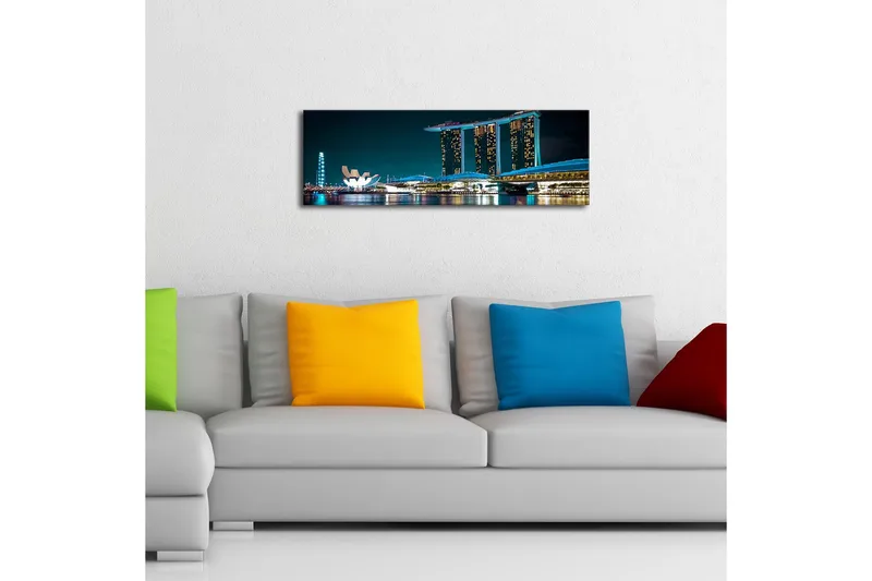 Lerretsbilde med LED-belysning 30x90 cm - Moderne bybilde med futuristiske bygninger ved vannoverflaten - Mørk blå / Lys blå / Hvit - Innredning - Bilder & kunst - Lerretsbilder