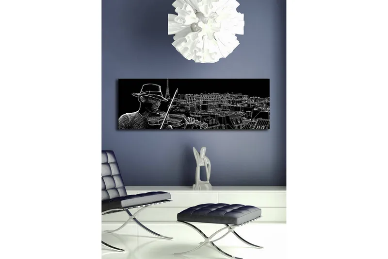 Lerretsbilde med LED-belysning 30x90 cm - Musiker som spiller fiolin med en bysilhuett i bakgrunnen - Svart / Hvit - Innredning - Bilder & kunst - Lerretsbilder