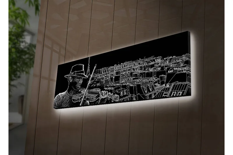 Lerretsbilde med LED-belysning 30x90 cm - Musiker som spiller fiolin med en bysilhuett i bakgrunnen - Svart / Hvit - Innredning - Bilder & kunst - Lerretsbilder