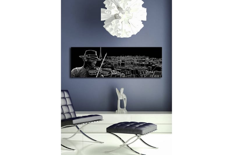Lerretsbilde med LED-belysning 30x90 cm - Musiker som spiller fiolin med en bysilhuett i bakgrunnen - Svart / Hvit - Innredning - Bilder & kunst - Lerretsbilder