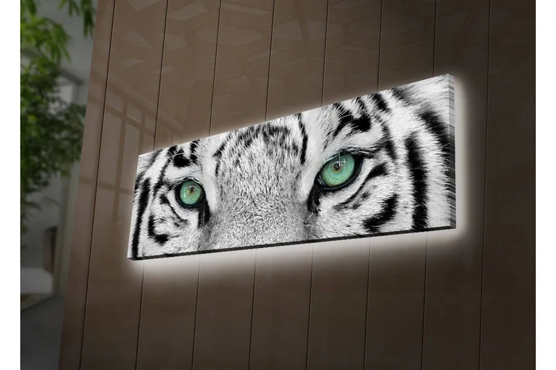 Lerretsbilde med LED-belysning 30x90 cm - Nærbilde av en hvit tigers øyne med intense detaljer - Hvit / Svart / Grønn - Innredning - Bilder & kunst - Lerretsbilder