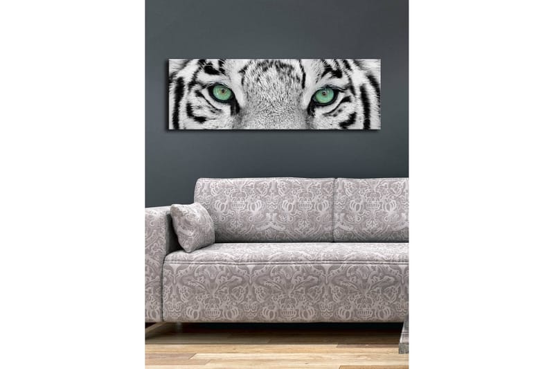 Lerretsbilde med LED-belysning 30x90 cm - Nærbilde av en hvit tigers øyne med intense detaljer - Hvit / Svart / Grønn - Innredning - Bilder & kunst - Lerretsbilder