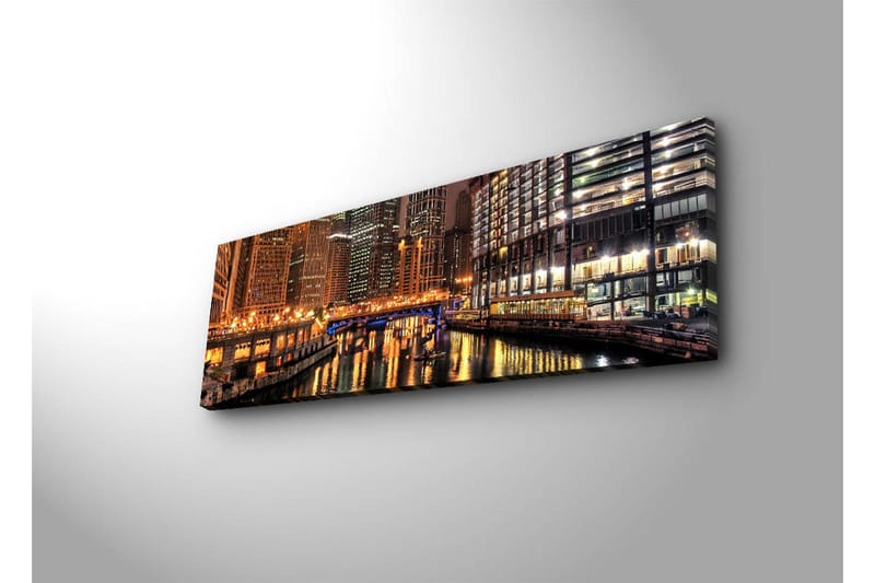 Lerretsbilde med LED-belysning 30x90 cm - Nattlandskap med refleksjoner i vannet - Gull / Blå / Svart - Innredning - Bilder & kunst - Lerretsbilder