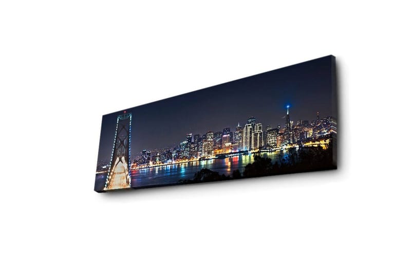 Lerretsbilde med LED-belysning 30x90 cm - Nattlig bybilde med bro og silhuetter av skyskrapere - Mørk blå / Lys grønn / Hvit - Innredning - Bilder & kunst - Lerretsbilder