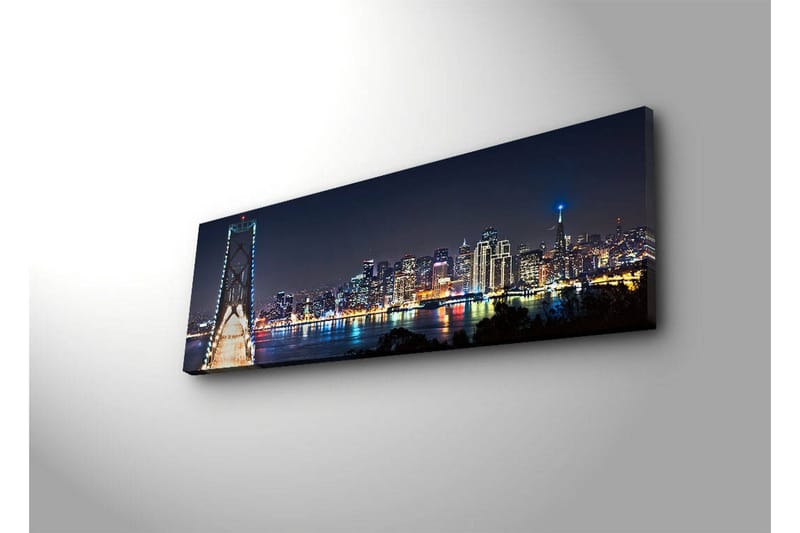 Lerretsbilde med LED-belysning 30x90 cm - Nattlig bybilde med bro og silhuetter av skyskrapere - Mørk blå / Lys grønn / Hvit - Innredning - Bilder & kunst - Lerretsbilder