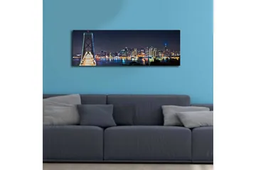 Lerretsbilde med LED-belysning 30x90 cm - Nattlig bybilde med bro og silhuetter av skyskrapere - Mørk blå / Lys grønn / Hvit - Innredning - Bilder & kunst - Lerretsbilder