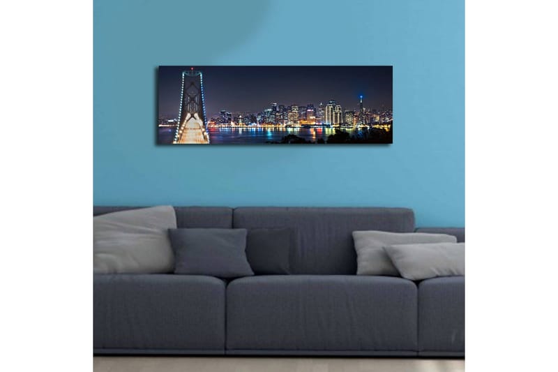 Lerretsbilde med LED-belysning 30x90 cm - Nattlig bybilde med bro og silhuetter av skyskrapere - Mørk blå / Lys grønn / Hvit - Innredning - Bilder & kunst - Lerretsbilder