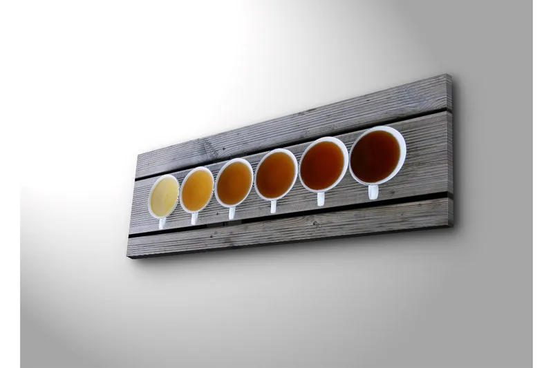 Lerretsbilde med LED-belysning 30x90 cm - Rekke med kaffekopper med forskjellige nyanser av drikke - Lys gul / Brun / Oransje - Innredning - Bilder & kunst - Lerretsbilder