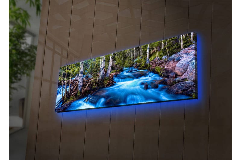 Lerretsbilde med LED-belysning 30x90 cm - Rennende vann i et naturskjønt miljø med trær rundt - Blå / Grønn / Brun - Innredning - Bilder & kunst - Lerretsbilder