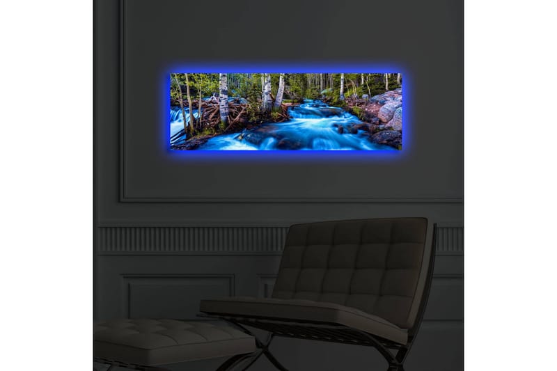 Lerretsbilde med LED-belysning 30x90 cm - Rennende vann i et naturskjønt miljø med trær rundt - Blå / Grønn / Brun - Innredning - Bilder & kunst - Lerretsbilder
